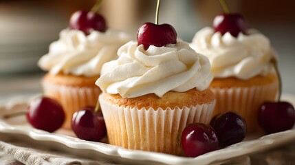 Three delicious vanilla cupcakes topped with white frosting and fresh cherries sit on a decorative platter