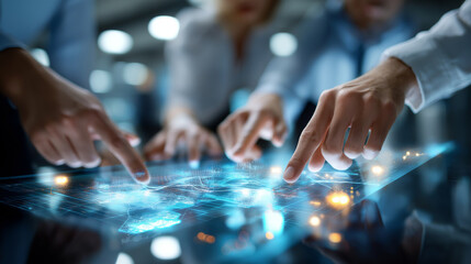 Diverse team of faceless professionals collaborating around futuristic glass display pointing at stream of digital data representing technology and teamwork, defocused tech collabo