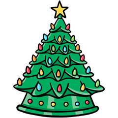 throwback ceramic christmas tree decorate with colorful light and star filled outline doodle hand-drawn