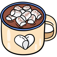 hot cocoa and heart marshmallow in enamel cup for wintertime of couple filled outline doodle hand-drawn