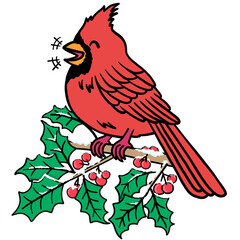 red cardinal bird laughing on snow holly branch with berries filled outline doodle hand-drawn