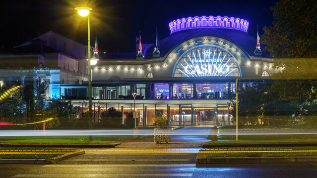 Evian-Les-Bains, France, 25 October  2025. Facade of the evian resort casino building at night