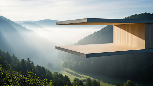 Modern architectural outdoor platform with wood and concrete elements, dramatically cantilevered over a misty mountainous landscape with dense forests and clear sky