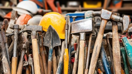 A close up view of a collection of robust metal tools including shovels picks and hammers with wooden handles and a yellow hard hat
