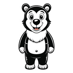 Isolated Cartoonish Black Bear, Front View. Simple Style, Friendly Expression, White fur