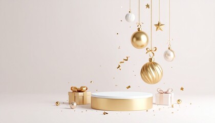 A Christmas podium rendered in three dimensions A Happy New Year's and Merry Christmas scene in three dimensions, featuring celebratory confetti and a few dangling golden Christmas ornaments
