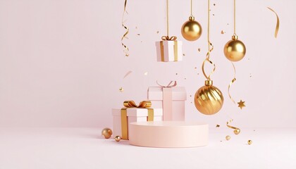 A Christmas podium rendered in three dimensions A Happy New Year's and Merry Christmas scene in three dimensions, featuring celebratory confetti and a few dangling golden Christmas ornaments