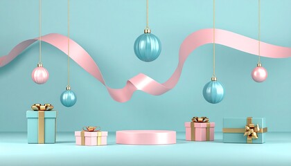 3D model of a Christmas podium display for a product banner featuring present boxes, hanging holiday decorations, and pastel ribbons