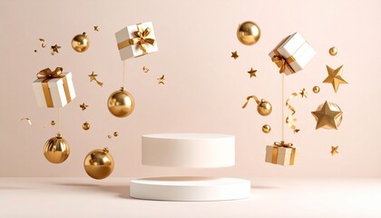 3D render of a simple product display podium with ornament balls, present boxes, falling Christmas decorations, and other opulent golden objects for the New Year against a pastel backdrop.