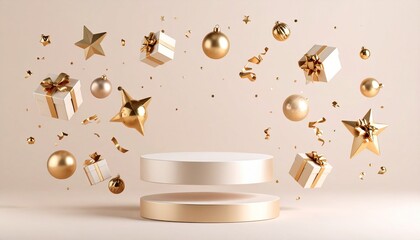3D render of a simple product display podium with ornament balls, present boxes, falling Christmas decorations, and other opulent golden objects for the New Year against a pastel backdrop.