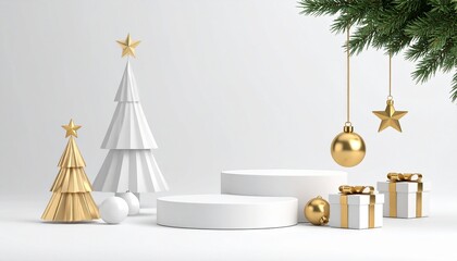3D render of a simple product display podium with ornament balls, present boxes, falling Christmas decorations, and other opulent golden objects for the New Year against a pastel backdrop.