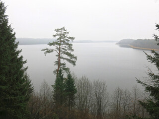 foggy autumn lake Sapsho in a National Park in the Smolensk Region, Russia                               