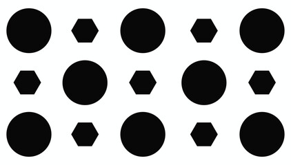 Geometric shapes pattern featuring black circles and hexagons on a white background, ideal for design and artistic projects.