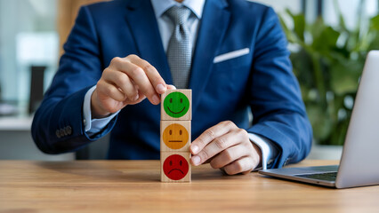 Businessman hand arranging wooden blocks with smiley face icons, customer satisfaction rating concept, positive feedback review, emotional intelligence, green happy emoji on top, service quality.