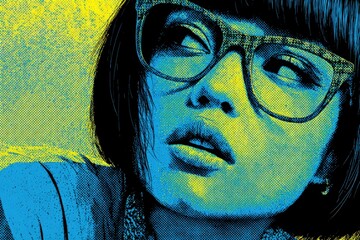 Young woman with glasses in bright colors looking thoughtful in a modern art style setting