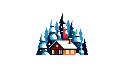 Obraz premium A stylized graphic of a small cottage tucked tightly into a dense, snow-covered forest, featuring warm glowing windows and a soft, wintry aesthetic.