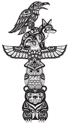 Intricately Carved Totem Pole Featuring Stacked Animals and Symbols.