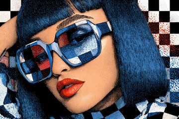 Young woman wearing large sunglasses poses in front of a checkered background during a bright day