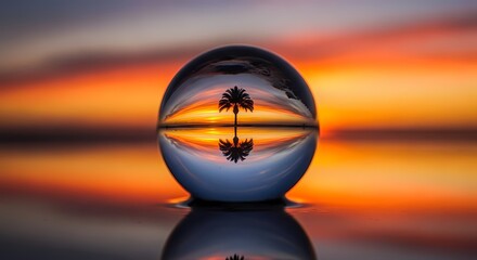 Crystal ball captures inverted tropical sunset with palm trees and reflection