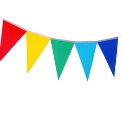 Colorful pennant banner flags strung together for party decoration or celebration isolated on transparent background