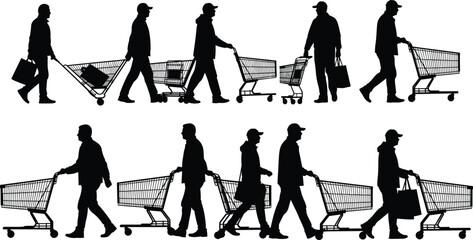 Shopping cart silhouettes showing supermarket shoppers walking with trolleys, illustrating retail consumer behavior, grocery purchases and modern urban lifestyle concepts © Biplob Creatives