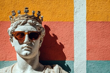 Statue with crown and sunglasses stands against colorful wall in vivid urban setting during bright daylight