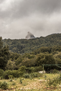 View of the mountain peak shrouded in mist, rising above the dense forest under a cloudy sky, Parco dei Sette Fratelli, Sardinia, Italy.