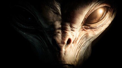 Obraz premium Intensely lit portrait reveals the textured face of an extraterrestrial being in darkness