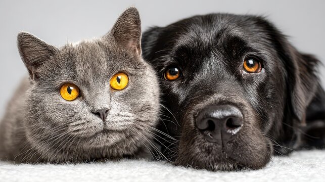 Close-up studio shot of a gray cat and black dog side-by-side, heads close, looking directly at the camera