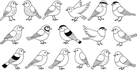 Hand Drawn Small Bird Icon Set Featuring Sparrows Finches and Robins Vector Illustration
