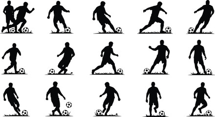 Soccer player silhouettes dribbling football in various action poses, showcasing sport movement, training skills, and athletic gameplay illustration set