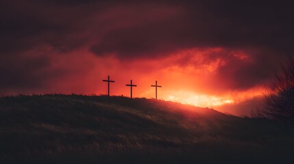 Obraz premium Silhouettes of three upright structures appear atop a grassy mound against a vivid crimson sky at sunset
