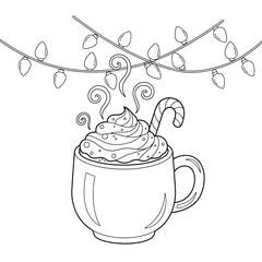 Christmas Hot Cocoa Coloring Page – Festive Mug with Whipped Cream, Candy Cane, Steam Swirls and Holiday String Lights – Winter Drink Line Art for Kids and Crafts