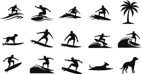 Surfing silhouettes featuring surfers riding waves, palm tree beach vibes, ocean adventure, summer coastal sport lifestyle illustration set