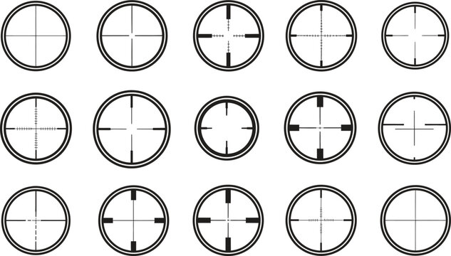 A comprehensive set of fifteen detailed sniper reticle and scope crosshair designs for targeting applications and precision aiming interfaces