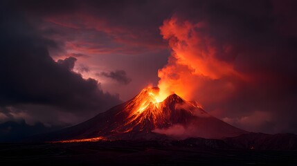 Fiery eruption illuminates dark, dramatic skies above a towering geological structure