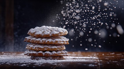 A stack of French pastries with powdered sugar sprinkling