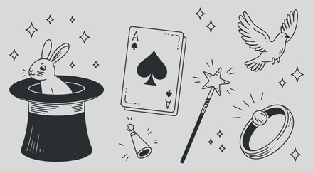 a whimsical illustration features a magic hat with a rabbit ace of spades a flying dove and other magical elements