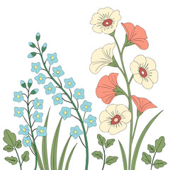 Colorful flowers and leaves on white background green stems