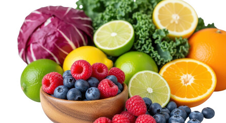 Fresh fruits and vegetables in a wooden bowl
