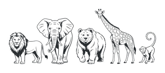 a charming black and white illustration depicts a diverse group of animals including a lion elephant bear giraffe and monkey standing together