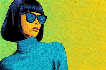 Woman in blue sweater and sunglasses stands against a yellow background in a bright urban setting during daytime light