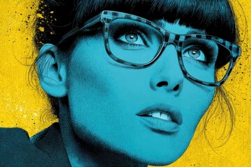 Woman with glasses looking up, bright colors highlighted, and art style evident