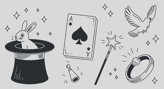a whimsical illustration features a magic hat with a rabbit ace of spades a flying dove and other magical elements