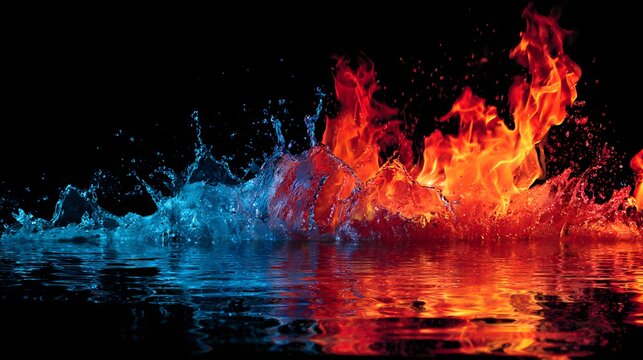 Intense contrast of cool blue water splash meeting brilliant orange fire against a dark background