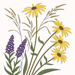 Yellow and purple wildflowers with green leaves and wheat
