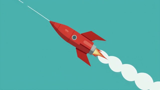 Red Rocket Launching into the Sky with Smoke Trail.