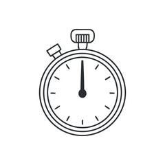 a simple black and white outline illustration depicts a classic stopwatch with a large face and a single button on the side