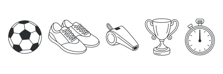 a linear depiction of a soccer ball athletic shoes a whistle a trophy and a stopwatch showcasing sports equipment imagery