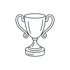 a simple black and white line drawing depicts a classic trophy with two handles and a pedestal base signifying achievement